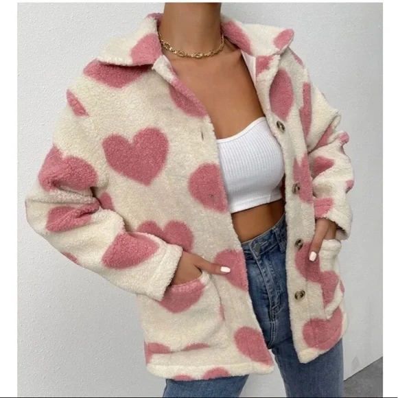 Teddy coat Sherpa jacket heart cream pink fuzzy warm collar winter - Picture 4 of 8